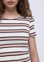 thumb-Slim Fit Yuvarlak Yaka Çizgili Kadın Ekru Kısa Kol Tişört
