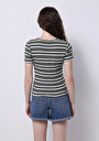 thumb-Slim Fit Yuvarlak Yaka Çizgili Kadın Yeşil Kısa Kol Tişört