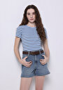thumb-Slim Fit Yuvarlak Yaka Çizgili Kadın Mavi Kısa Kol Tişört