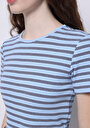 thumb-Slim Fit Yuvarlak Yaka Çizgili Kadın Mavi Kısa Kol Tişört