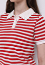 thumb-Slim Fit Polo Yaka Çizgili Kadın Kirmizi Kısa Kol Tişört