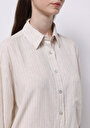 thumb-Regular Fit Shirt Neck Çizgili Kadın Bej Uzun Kol Gömlek