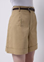 thumb-Regular Fit Yüksek Bel Düz Kadın Kahverengi Şort