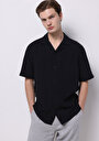 thumb-Comfort Fit Shirt Neck Jakarlı Erkek Siyah Kısa Kol Gömlek