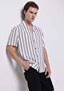 thumb-Regular Fit Shirt Neck Çizgili Erkek Beyaz Kısa Kol Gömlek