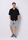 thumb-Regular Fit Orta Bel Düz Erkek Keten Karışımlı Gri Şort