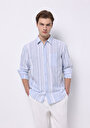 thumb-Regular Fit Shirt Neck Çizgili Erkek Açik Mavi Uzun Kol Gömlek