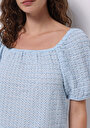 thumb-Regular Fit Kare Yaka Jakarlı Kadın Mavi Balon Kol Tişört