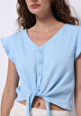 thumb-Regular Fit V Yaka Düz Kadın Mavi Kısa Kol Tişört