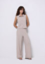 thumb-Regular Fit Orta Bel Düz Cepli Kadın Bej Eşofman Altı