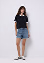 thumb-Mom Fit Yüksek Bel Düz Kadın İndigo Jean Şort