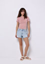 thumb-Slim Fit Yuvarlak Yaka Baskılı Kadın Pembe Kısa Kol Tişört
