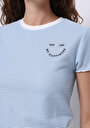 thumb-Slim Fit Yuvarlak Yaka Çizgili Kadın Mavi Kısa Kol Tişört