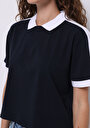 thumb-Regular Fit Polo Yaka Düz Kadın Lacivert Kısa Kol Tişört