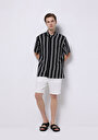 thumb-Viskozlu Regular Fit Shirt Neck Çizgili Erkek Siyah Kısa Kol Gömlek