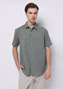 thumb-Regular Fit Shirt Neck Cepsiz Düz Erkek Yeşil Kısa Kol Gömlek