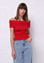 thumb-Slim Fit Kayık Yaka Düz Kadın Kirmizi Kolsuz Tişört