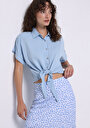 thumb-Regular Fit Shirt Neck Düz Kadın Mavi Kısa Kol Gömlek