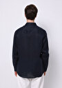thumb-Regular Fit Shirt Neck Düz Erkek Keten Lacivert Uzun Kol Gömlek