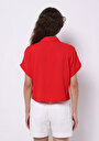 thumb-Regular Fit Shirt Neck Düz Kadın Kirmizi Kısa Kol Gömlek