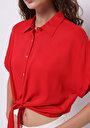 thumb-Regular Fit Shirt Neck Düz Kadın Kirmizi Kısa Kol Gömlek