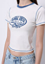 thumb-Slim Fit Yuvarlak Yaka Pamuklu Cepsiz Baskılı Kadın Beyaz Kısa Kol Tişört