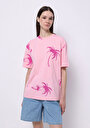 thumb-Regular Fit Yuvarlak Yaka Baskılı Kadın Pembe Kısa Kol Tişört