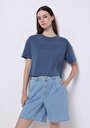 thumb-Regular Fit Yuvarlak Yaka Baskılı Kadın Mavi Kısa Kol Tişört