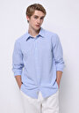 thumb-Regular Fit Shirt Neck Çizgili Cepsiz Erkek Mavi Uzun Kol Gömlek