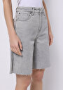 thumb-Regular Fit Yüksek Bel Düz Kadın Gri Jean Şort