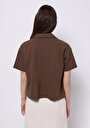 thumb-Regular Fit Polo Yaka Jakarlı Kadın Kahverengi Kısa Kol Tişört