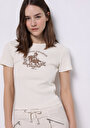 thumb-Slim Fit Yuvarlak Yaka Baskılı Kadın Ekru Kısa Kol Tişört