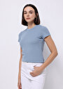 thumb-Slim Fit Yuvarlak Yaka Düz Kadın Mavi Kısa Kol Tişört