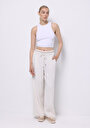 thumb-Regular Fit Yüksel Bel Geniş Paça Bel Bağcık Detaylı Kadın Ekru Pantolon