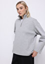 thumb-Relaxed Fit Fermuarlı Düz Kadın Gri Sweatshirt