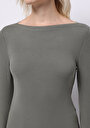 thumb-Slim Fit Kayık Yaka Düz Kadın Yeşil Uzun Kol Tişört