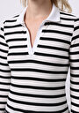 thumb-Slim Fit Polo Yaka Çizgili Kadın Siyah Uzun Kol Tişört
