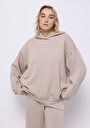 thumb-Oversize Fit Kapüşonlu Düz Kadın Bej Sweatshirt