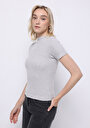 thumb-Slim Fit Dik Yaka Düz Kadın Gri Kısa Kol Tişört