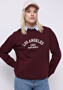 thumb-Regular Fit Yuvarlak Yaka Baskılı Kadın Bordo Sweatshirt
