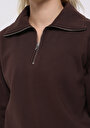 thumb-Regular Fit Fermuarlı Nakışlı Kadın Kahverengi Sweatshirt