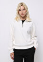 thumb-Regular Fit Fermuarlı Nakışlı Kadın Beyaz Sweatshirt