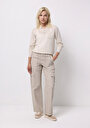 thumb-Regular Fit Yüksel Bel Geniş Paça Kadın Bej  Pantolon