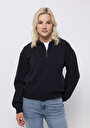 thumb-Regular Fit Fermuarlı Nakışlı Kadın Lacivert Sweatshirt