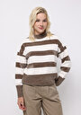 thumb-Regular Fit Yuvarlak Yaka Çizgili Kadın Kahverengi Kazak