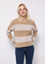 thumb-Regular Fit Yuvarlak Yaka Çizgili Kadın Bej Kazak