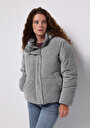 thumb-Regular Fit Kapüşonlu Fermuarlı Astarlı  Kadın Gri Mont
