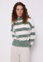 thumb-Regular Fit Yuvarlak Yaka Çizgili Kadın Yeşil Kazak