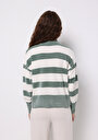 thumb-Regular Fit Yuvarlak Yaka Çizgili Kadın Yeşil Kazak