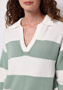 thumb-Regular Fit Polo Yaka Çizgili Kadın Yeşil Kazak